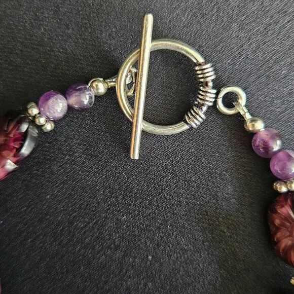 Hand Crafted Carved Amethyst Fluorite Necklace and Bracelet Ensemble - Picture 10 of 12